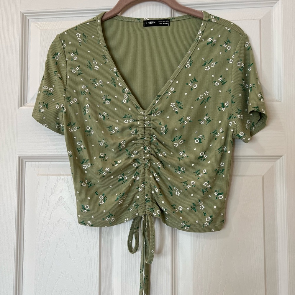 Green Floral Drawstring Ruched Crop Top.